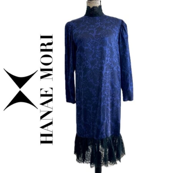 HANAE MORI DRESS SILK VTG 80’s Sz 6 PURPLE BLACK WHIMSIGOTH SOPHISTICATED - Picture 1 of 16